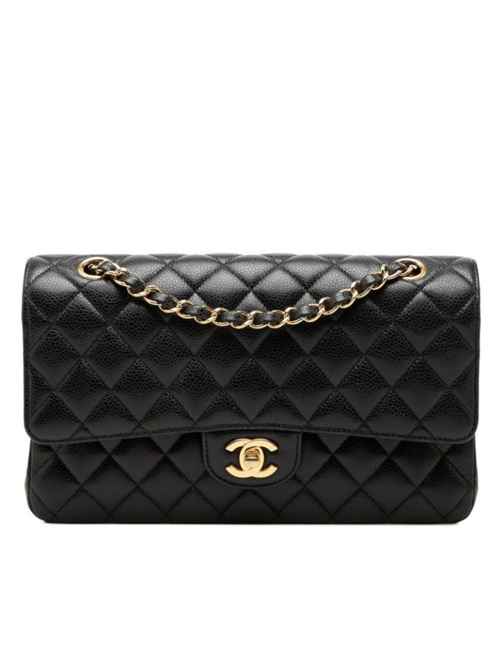 Chanel CC Logo Quilted 25 Double Flap Chain Shoulder Bag Black Gold Caviar